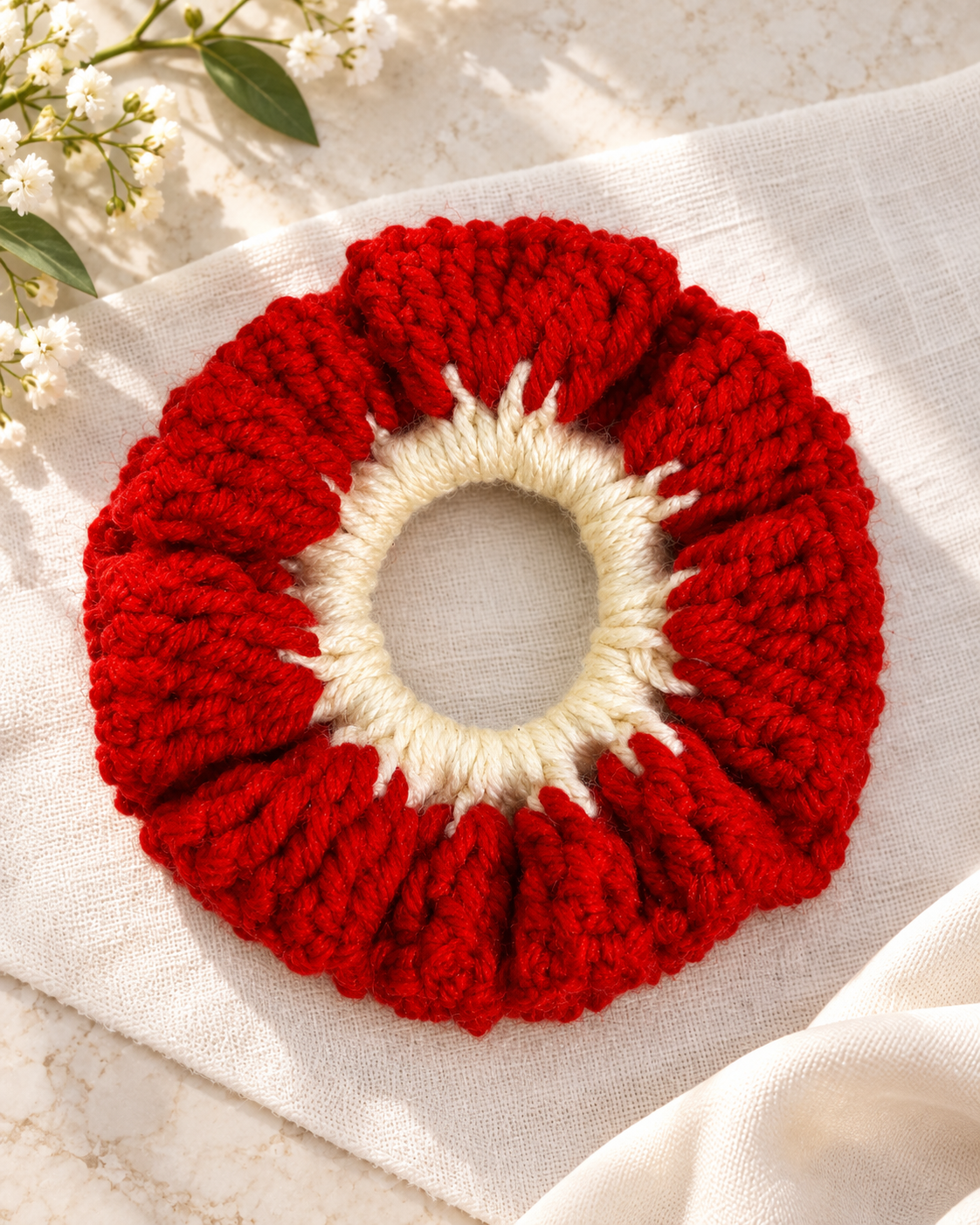 Scarlet Crochet Scrunchie on linen